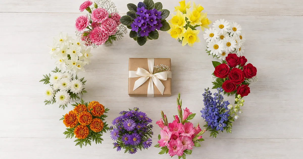Seasonal birth flowers around a birthday gift