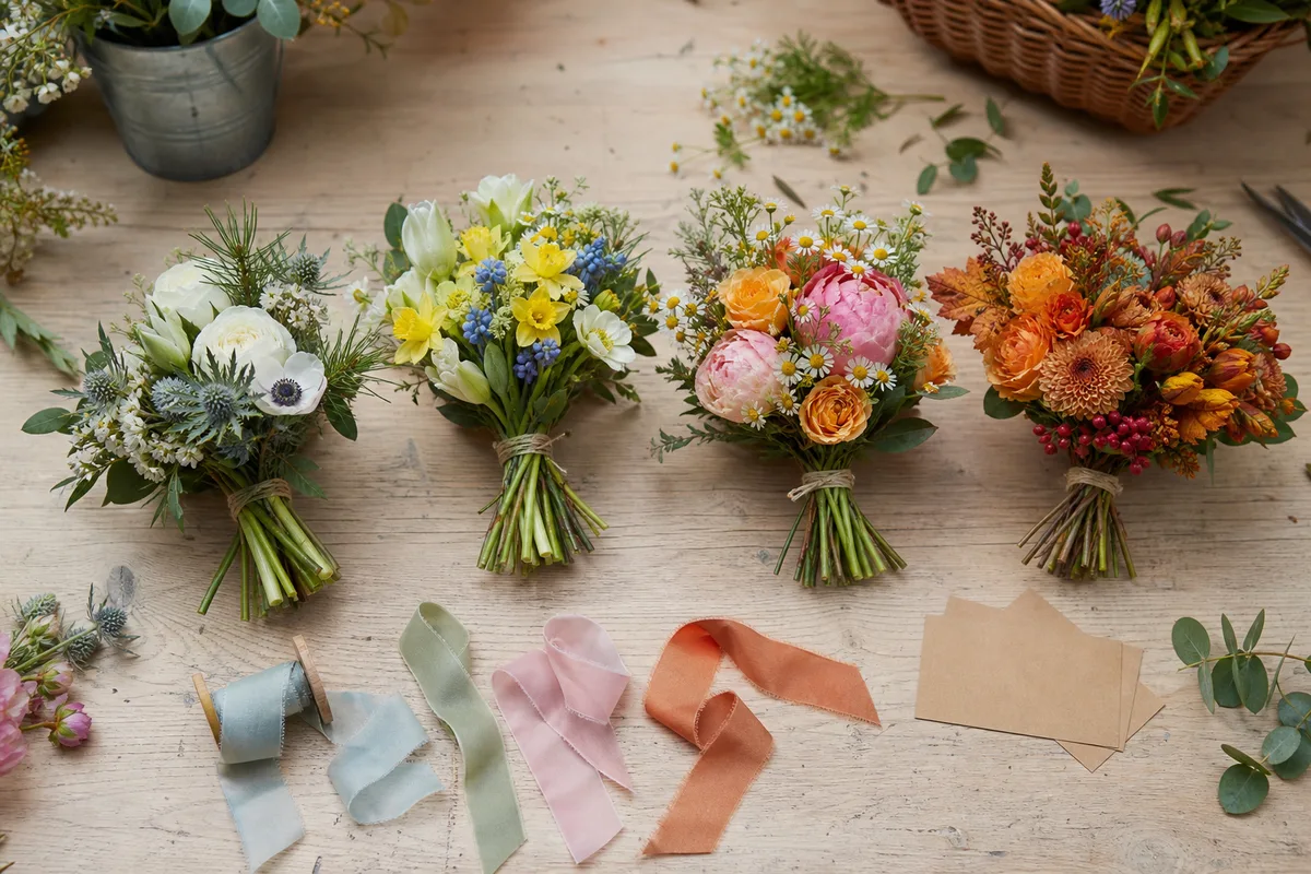 Four seasonal birthday bouquet styles on a florist worktable
