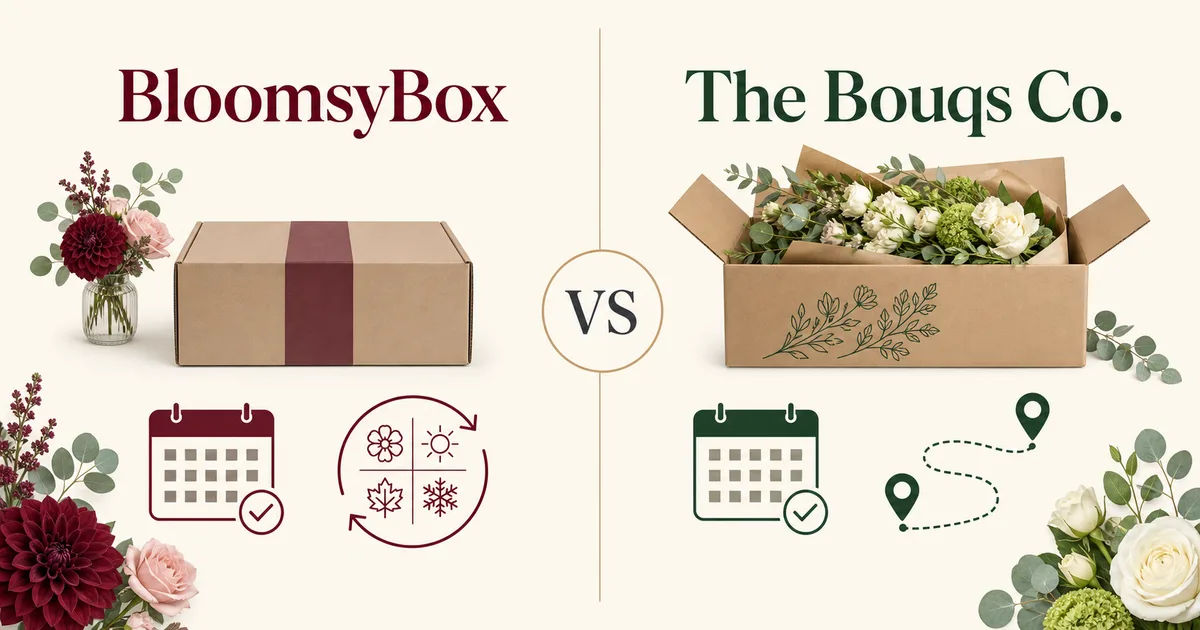 BloomsyBox and The Bouqs Co. flower subscription comparison graphic