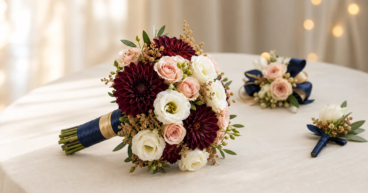 Compact burgundy, blush, and ivory homecoming bouquet with matching formal flowers