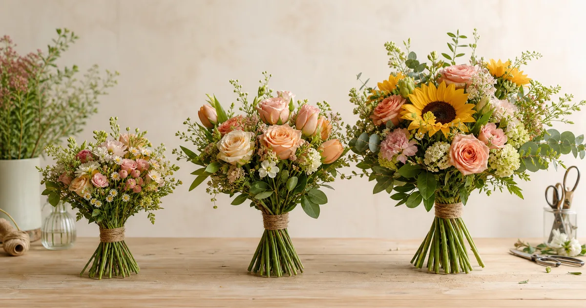 Small, medium and large hand-tied bouquets arranged side by side on a florist worktable