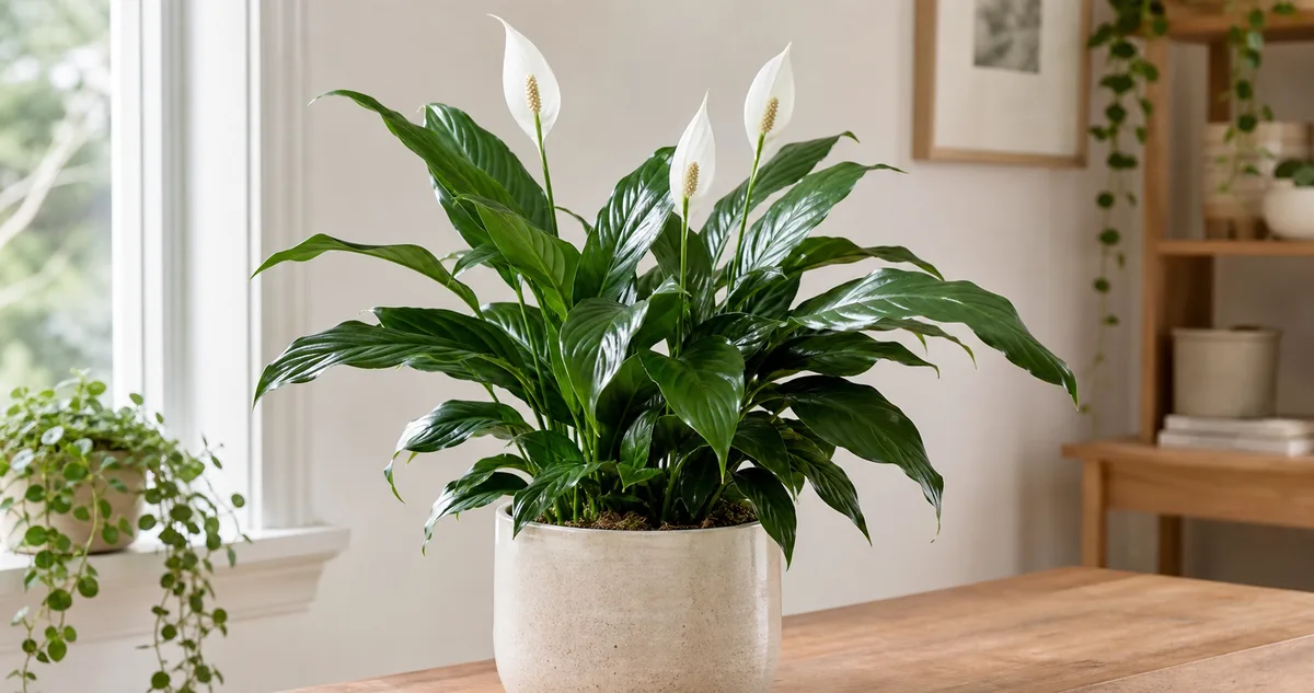 Healthy peace lily in a ceramic pot near a bright window