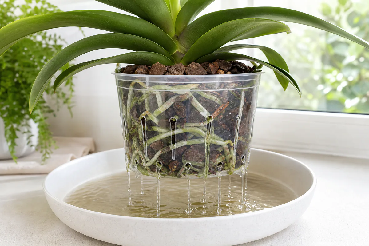 Phalaenopsis orchid pot draining after watering