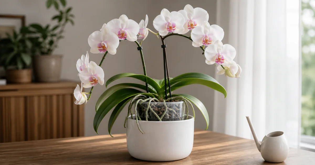 Potted Phalaenopsis orchid with visible aerial roots in filtered light