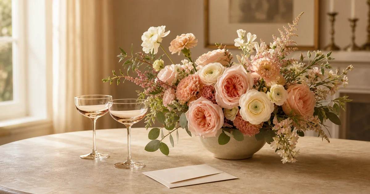Blush anniversary flowers with two glasses and a blank keepsake envelope