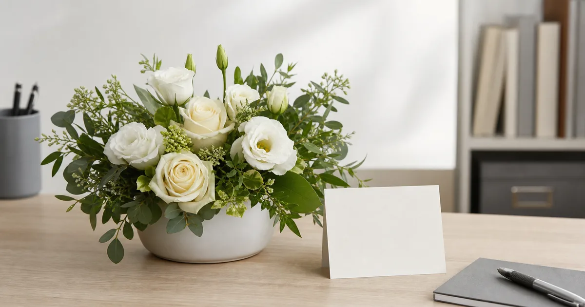 Restrained white sympathy arrangement with a handwritten condolence card