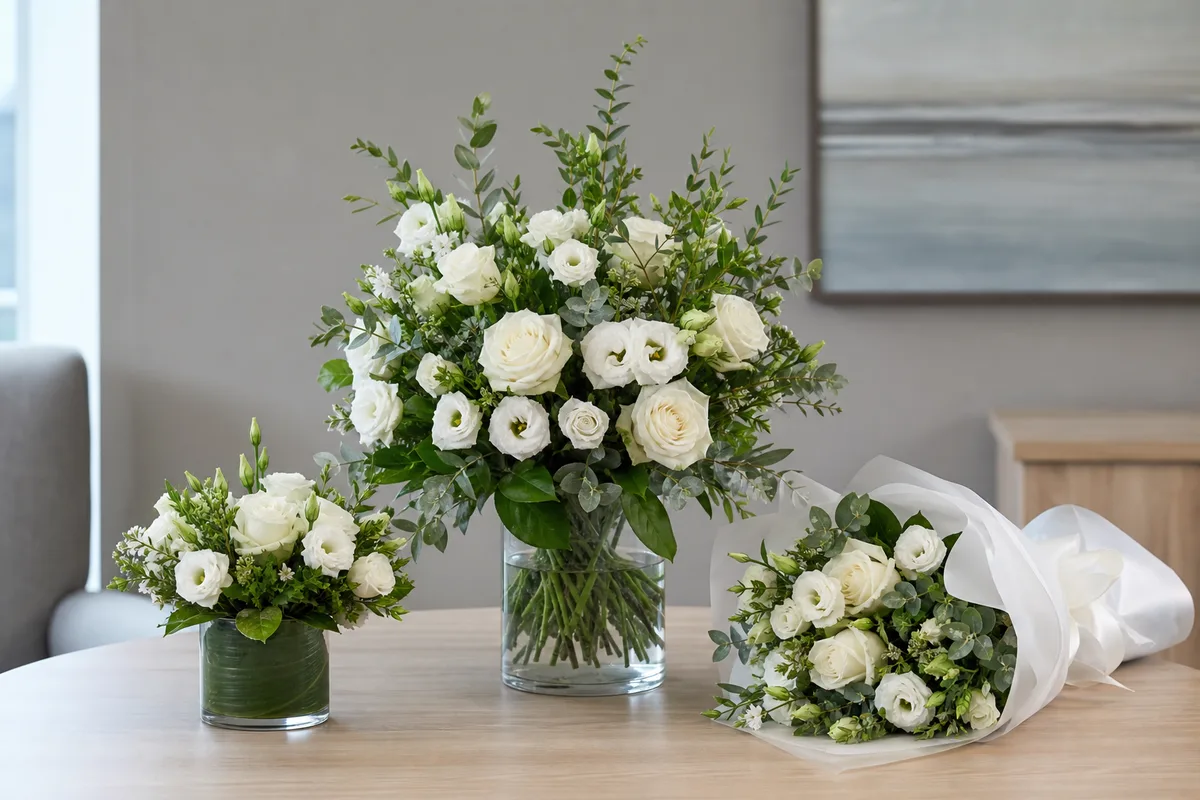 Small, medium, and wrapped white sympathy arrangements for workplaces