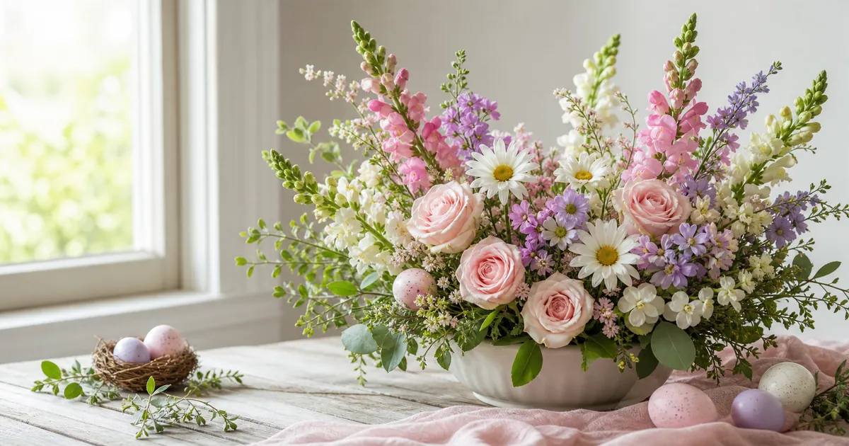 Pastel spring flower arrangement for an Easter table