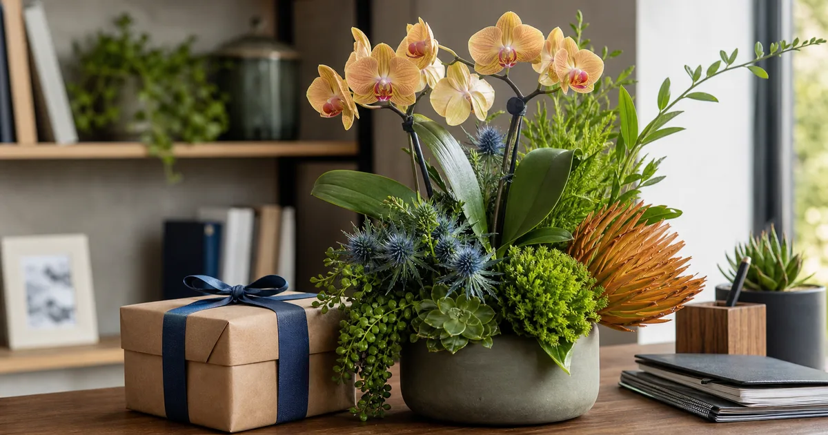 Structured orchid and greenery arrangement beside a Father's Day gift