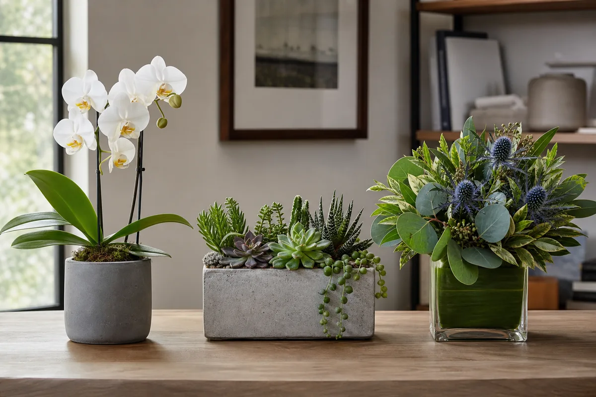 Orchid, succulent planter, and structured foliage gift styles