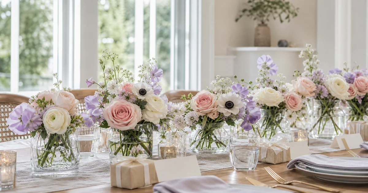 Low blush, white and lavender floral arrangements on a bridal shower table