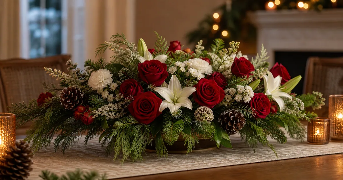Red and white Christmas flowers with evergreen foliage
