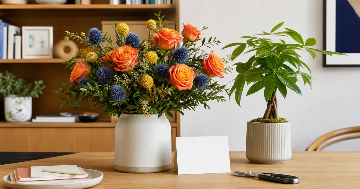 Orange and blue bouquet beside a money tree in a modern workspace