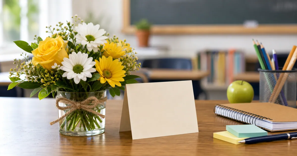 Compact yellow and white teacher appreciation bouquet on a desk