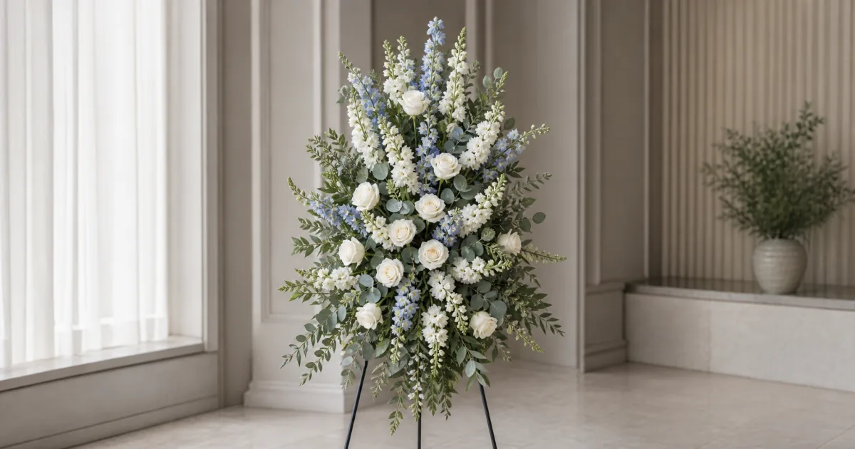 White and pale blue funeral standing spray in a quiet memorial room