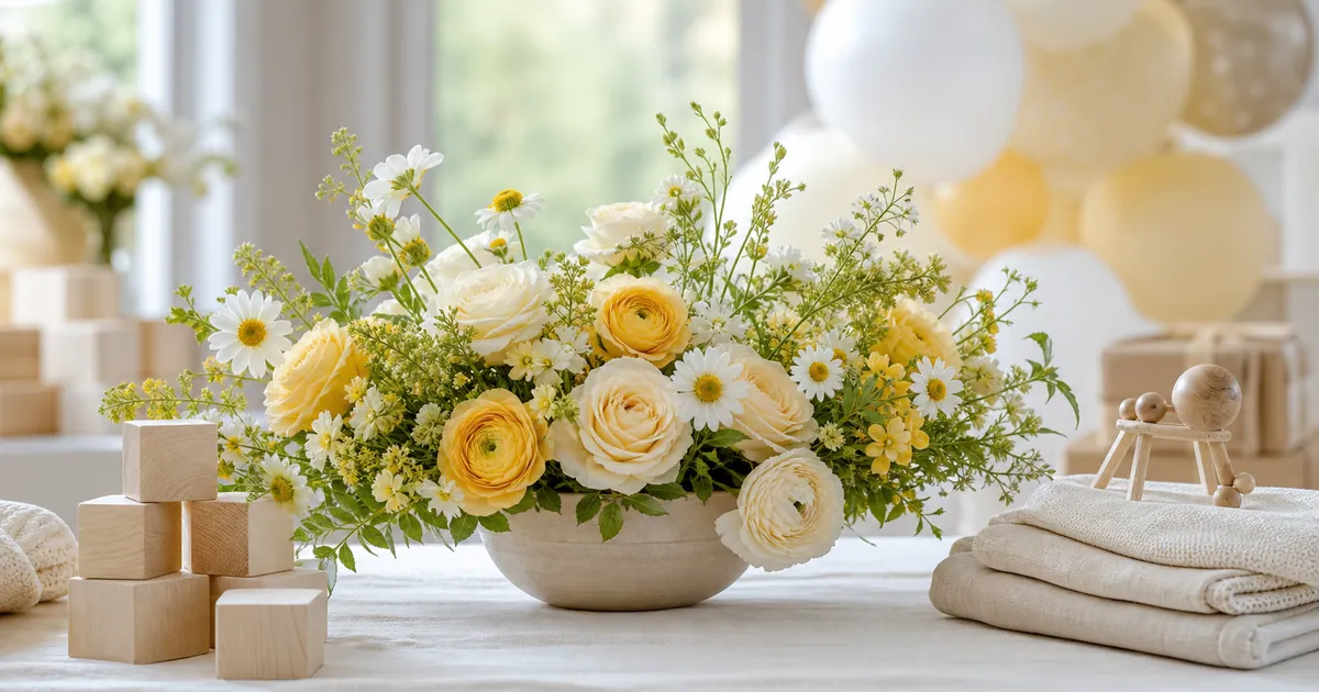 Cream and yellow gender-neutral baby shower centerpiece