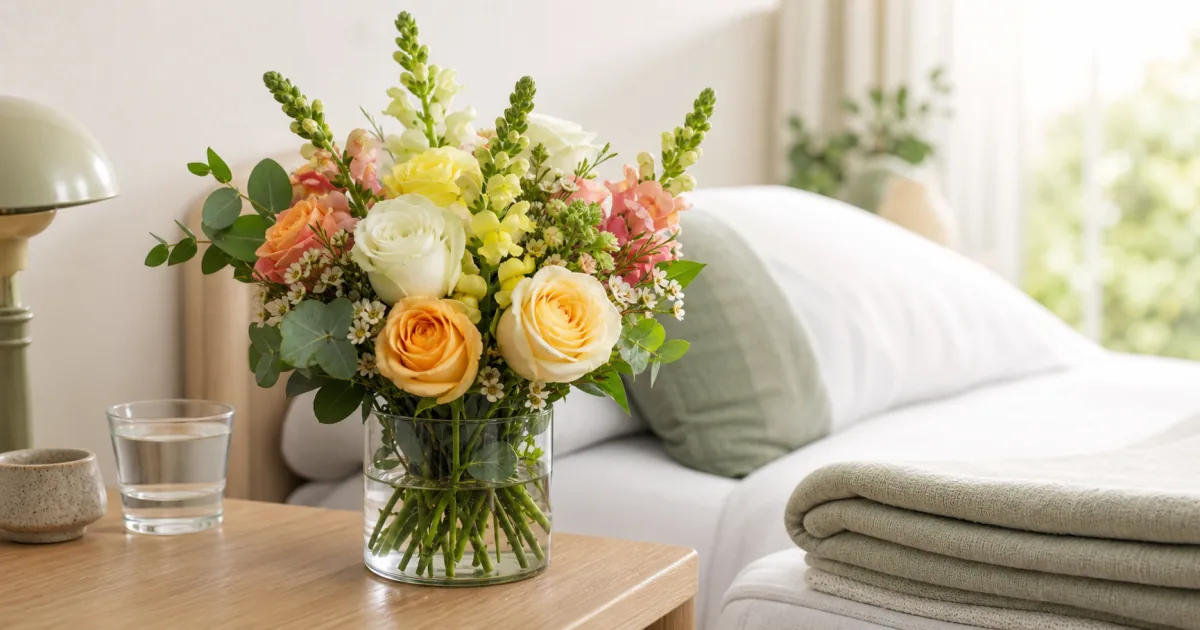 Gentle get-well flowers with chamomile, lisianthus, and soft roses