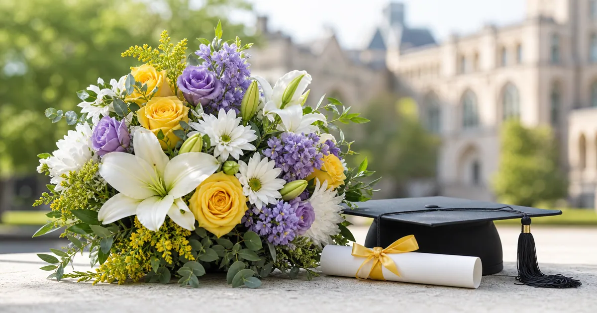 Graduation flowers beside a cap and diploma