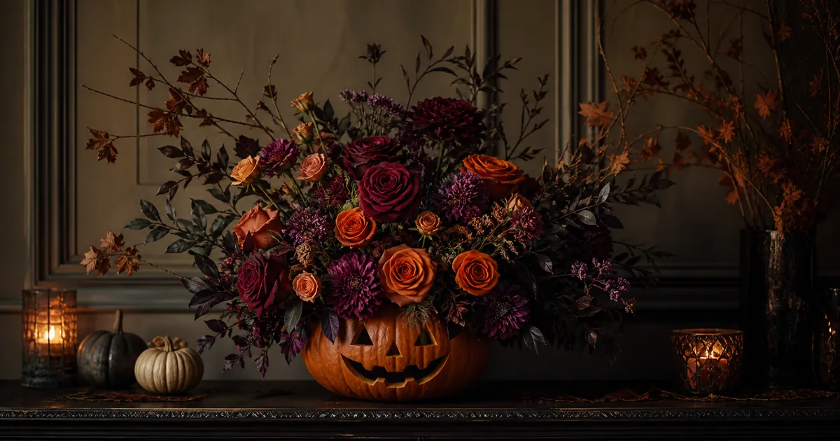 Orange and burgundy Halloween flowers in a pumpkin container
