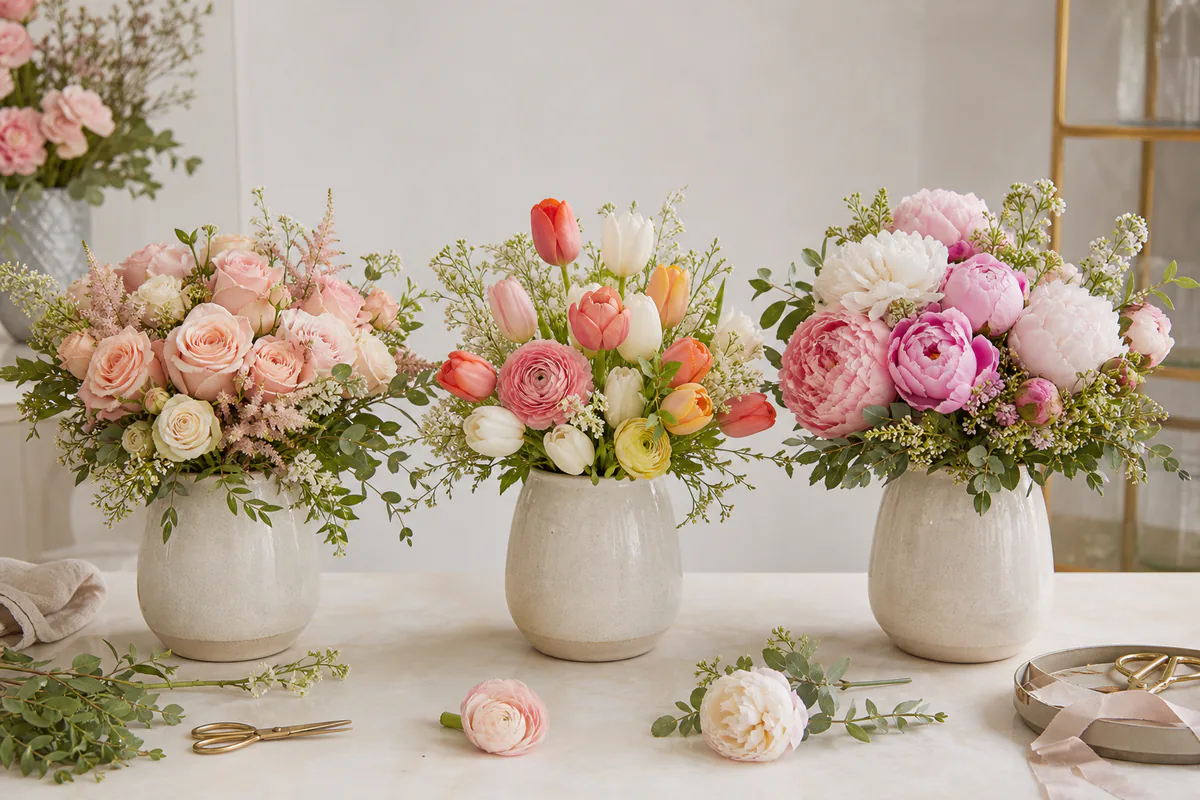 Three Mother's Day bouquet styles with roses, tulips, and peonies