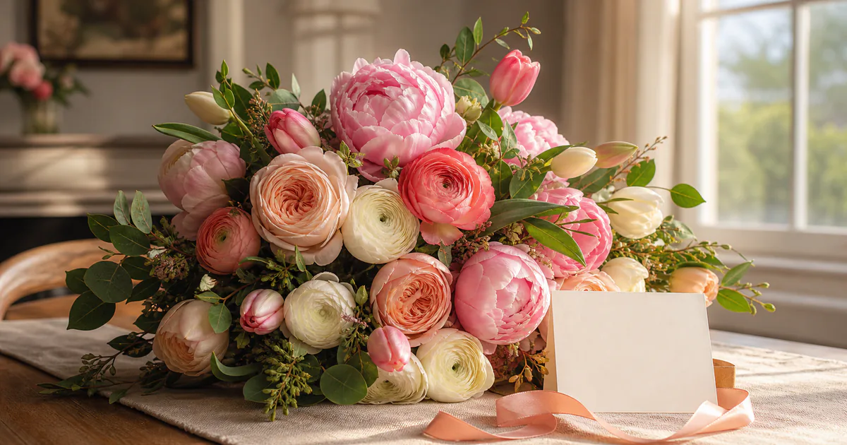 Mother's Day bouquet with peonies, roses, tulips, and ranunculus