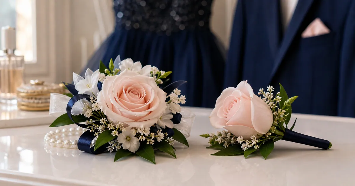 Coordinated prom wrist corsage and boutonniere