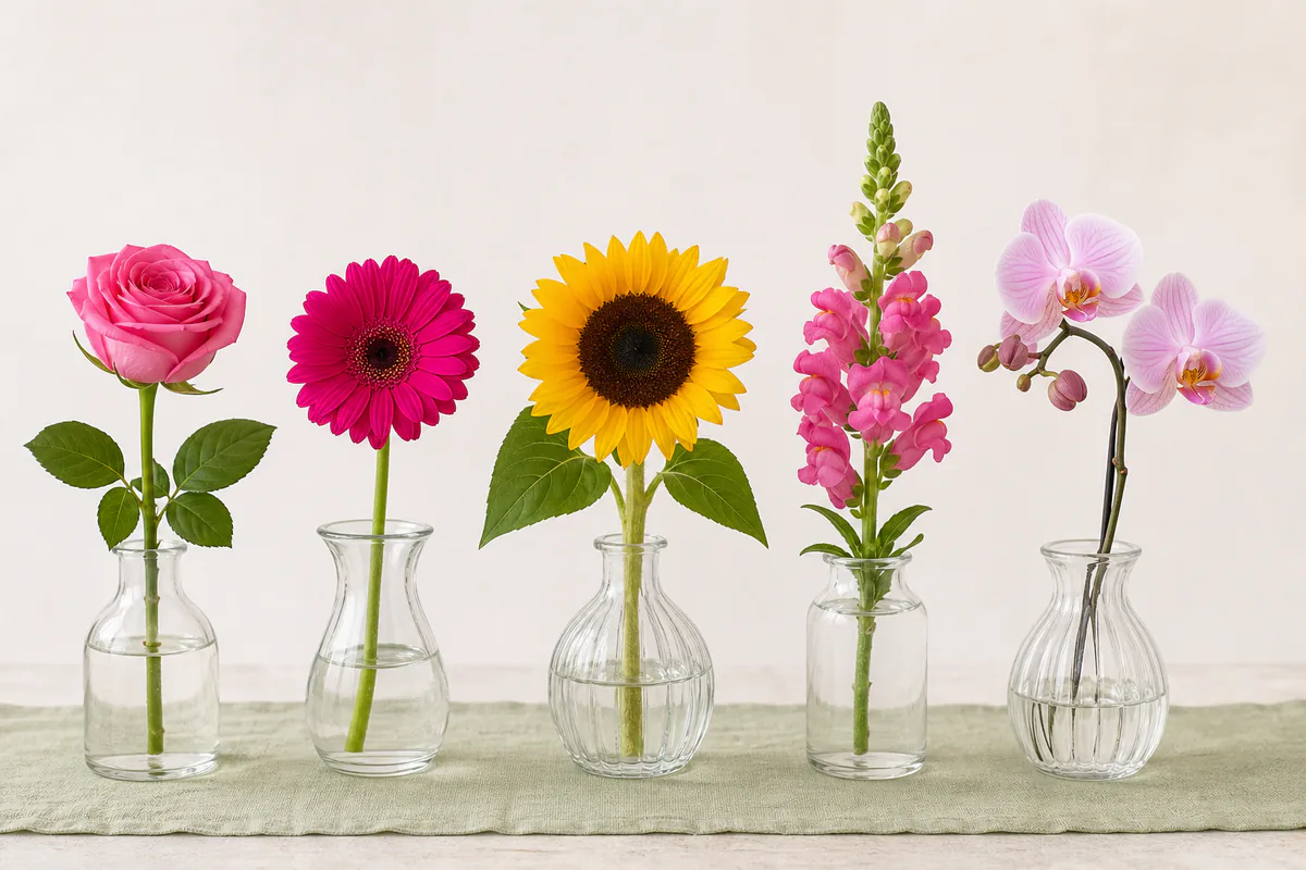 Pet-safe rose, gerbera, sunflower, snapdragon, and orchid stems
