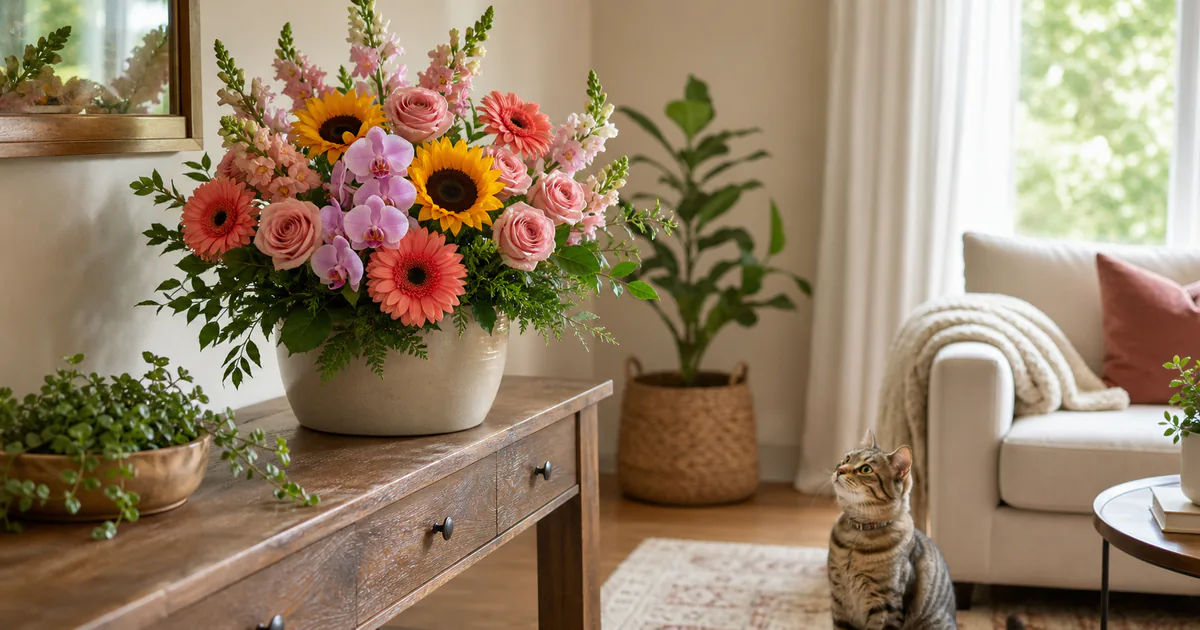 Pet-safe bouquet displayed away from a curious cat