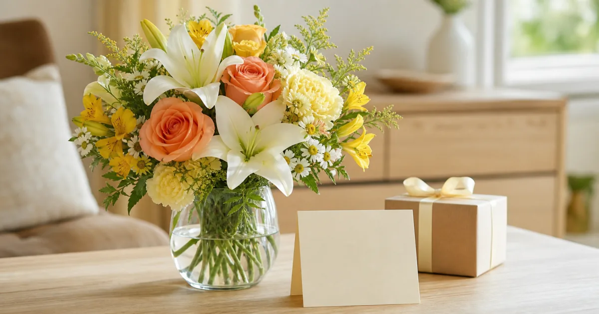 Warm thank-you bouquet beside a blank note card and wrapped gift