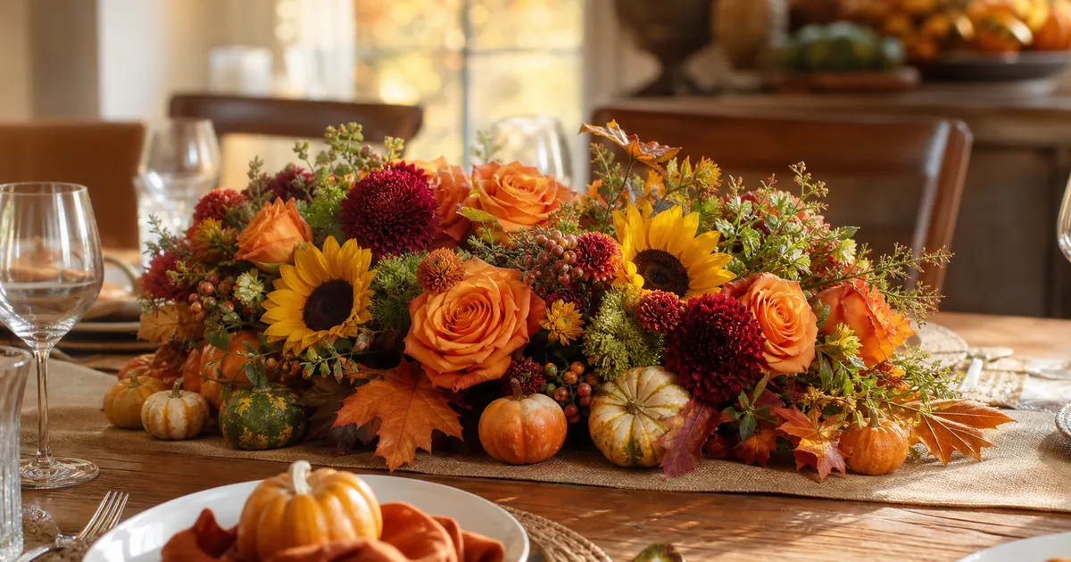 Autumn arrangement with burgundy pom flowers and seasonal foliage