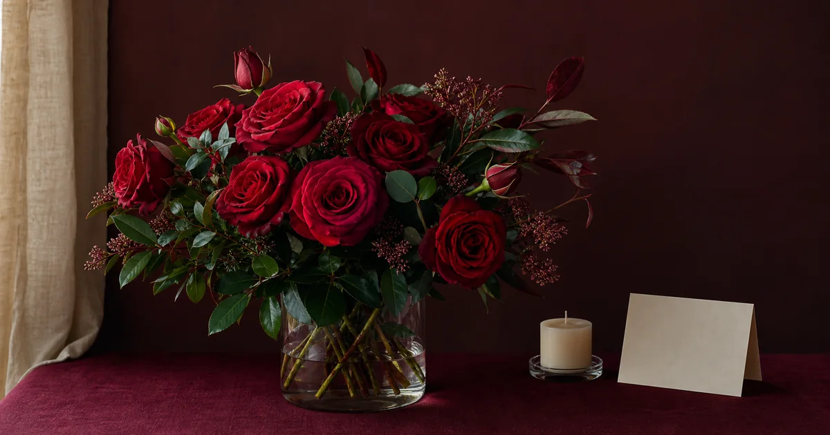 Deep red Valentine's Day roses beside a blank card and candle
