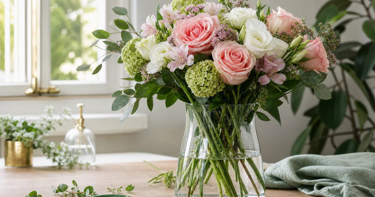 Fresh cut flower bouquet in a clean glass vase with trimming tools