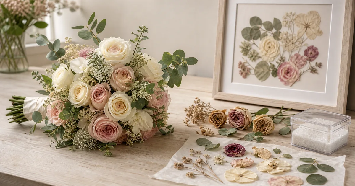 Fresh bridal bouquet beside dried flowers and a framed pressed-flower arrangement