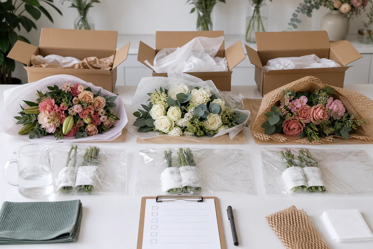 Flower delivery evaluation setup comparing packaging and stem hydration