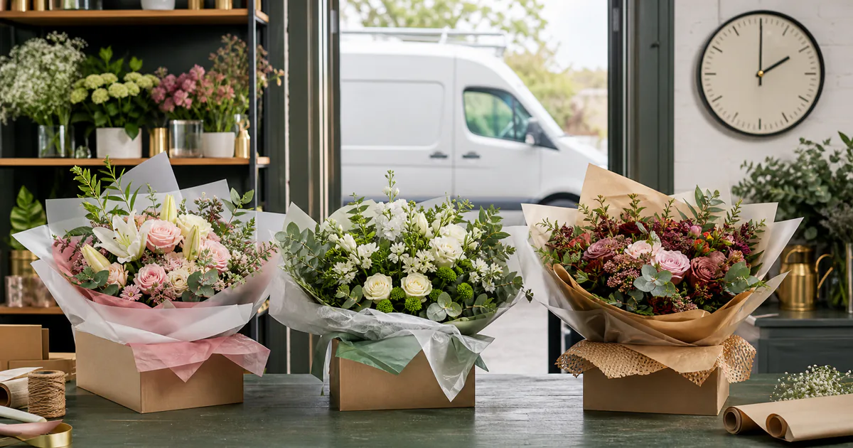 Three unbranded same-day flower deliveries ready for comparison