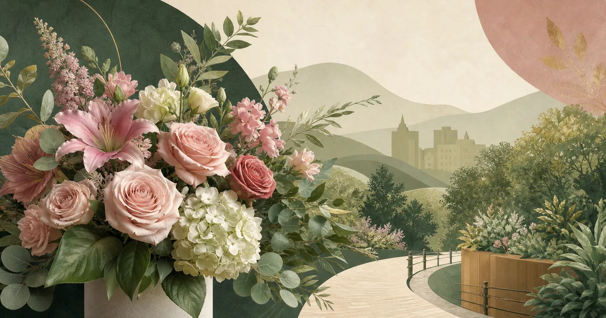 Botanical editorial illustration for same-day flower delivery in Greenville