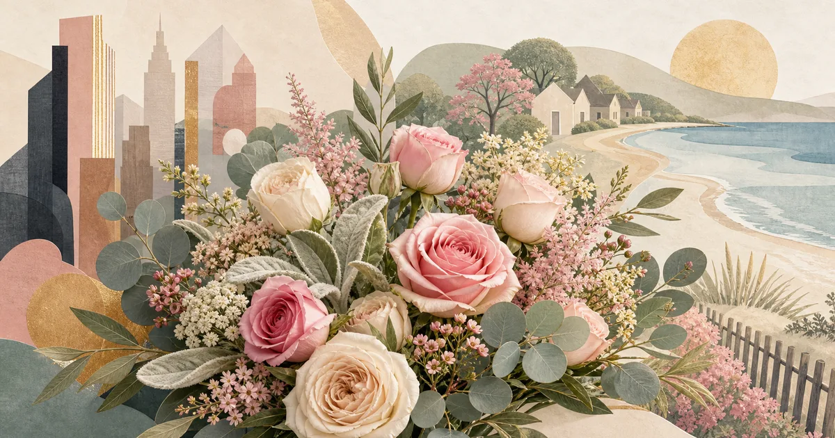 Botanical editorial collage for same-day flower delivery across New Jersey