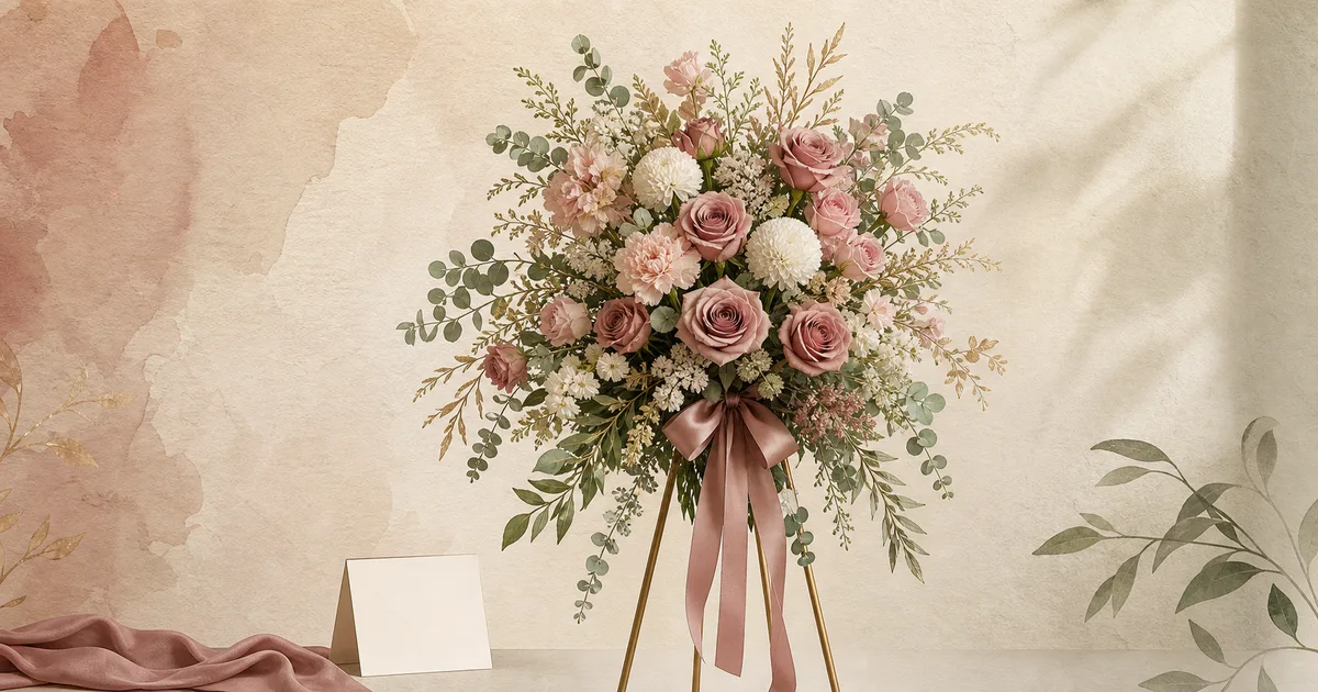Respectful botanical editorial illustration for funeral flower delivery