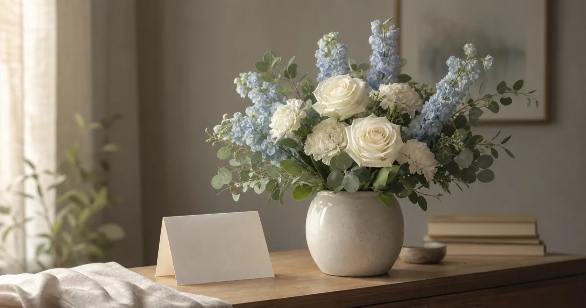 Restrained white sympathy arrangement with a blank condolence card