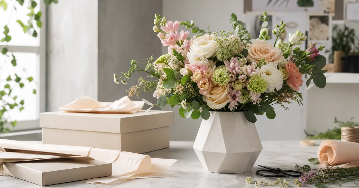 Modern unbranded flower delivery arrangement in a design studio