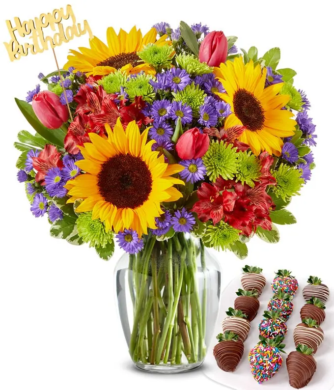 Sunflower Garden Birthday Bundle from From You Flowers with a birthday pick and chocolate-covered strawberries