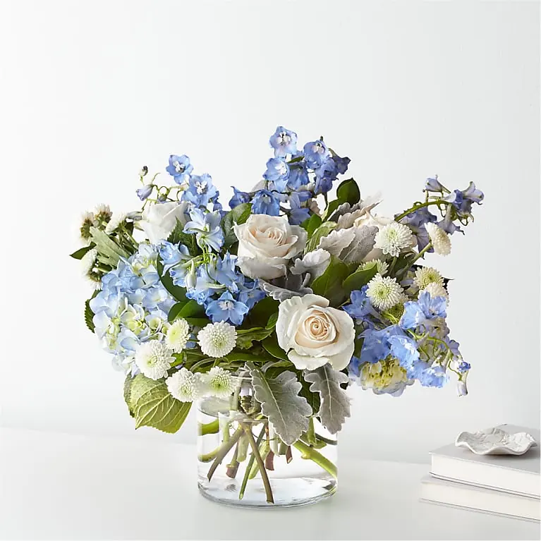 Clear Skies sympathy bouquet from FTD with blue hydrangea and delphinium