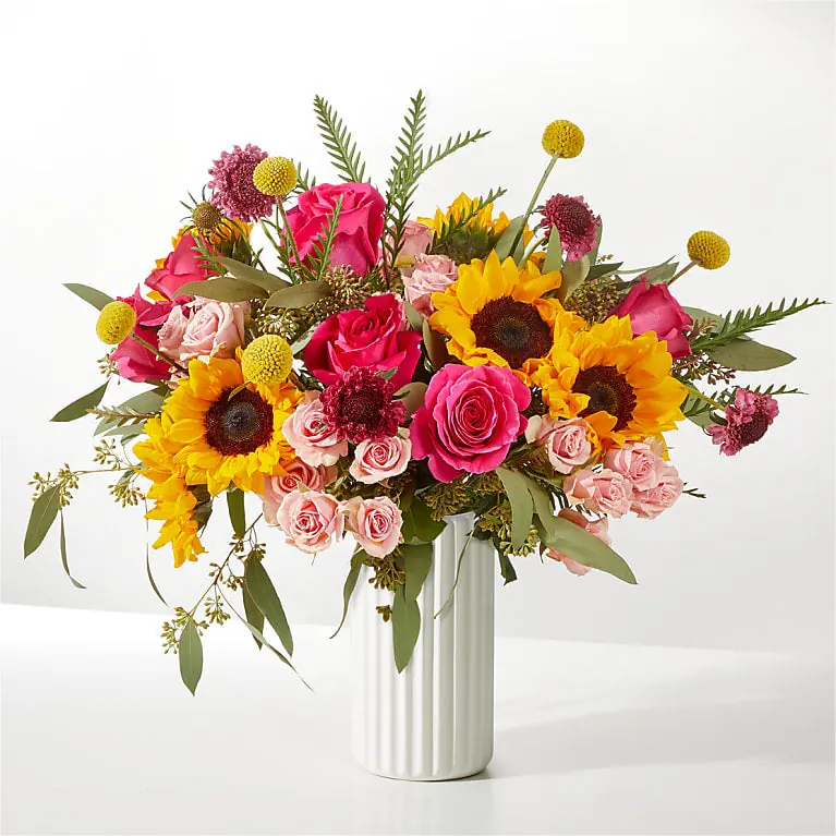 Pink Perfection Bouquet from FTD with pink roses, sunflowers, and eucalyptus