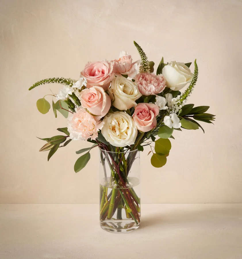 The Sorbet bouquet from UrbanStems with pink and cream roses