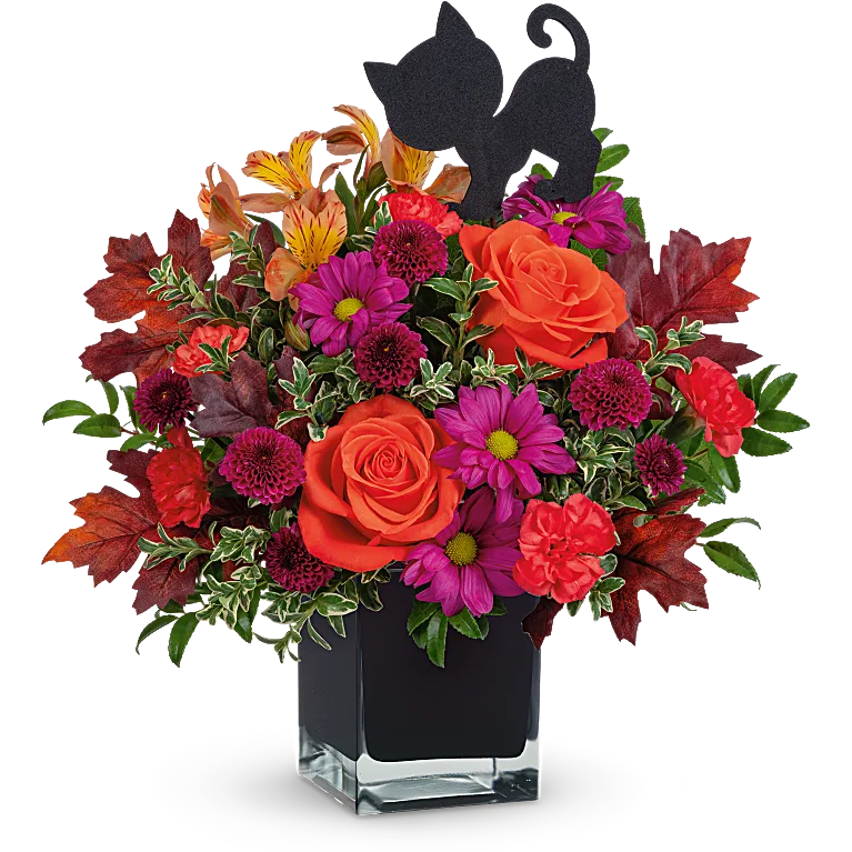 Representative dark orange Halloween bouquet from Teleflora
